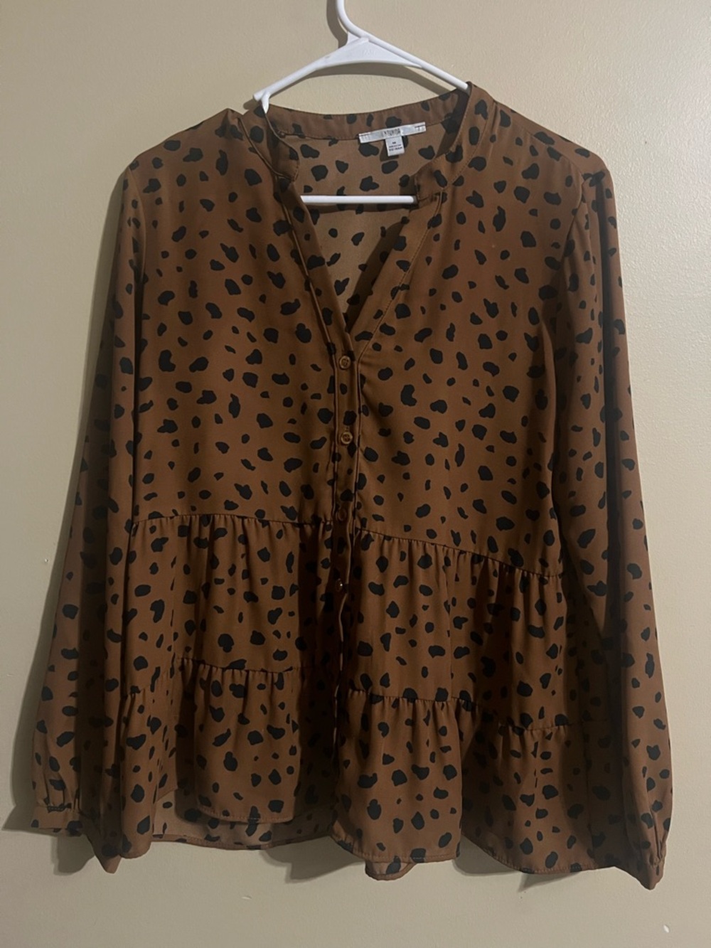 Brown Polka Dot Tiered Button-Front Blouse